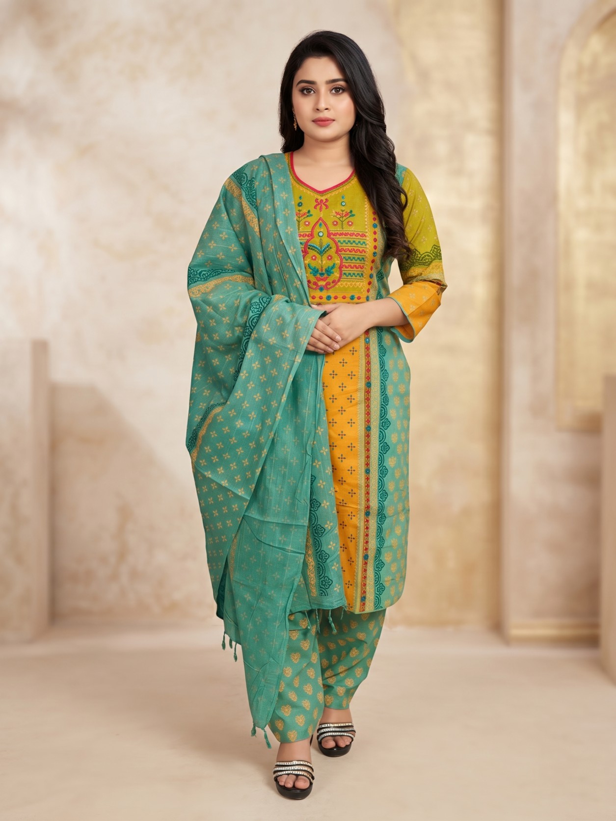 Zari-Enchanted Mustard & Teal Salwar Kameez Set hover